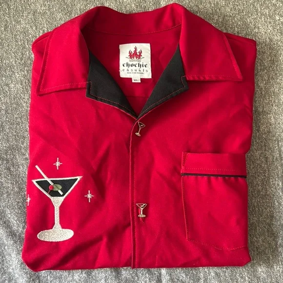 Chochie Casuals Red Bowling Shirt with Martini Embroidery Men’s XL - Picture 10 of 10